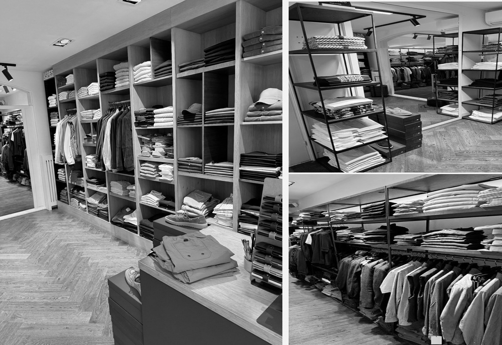 Interieur van de Barneys for Men boutique met walnoten kasten en messing armaturen