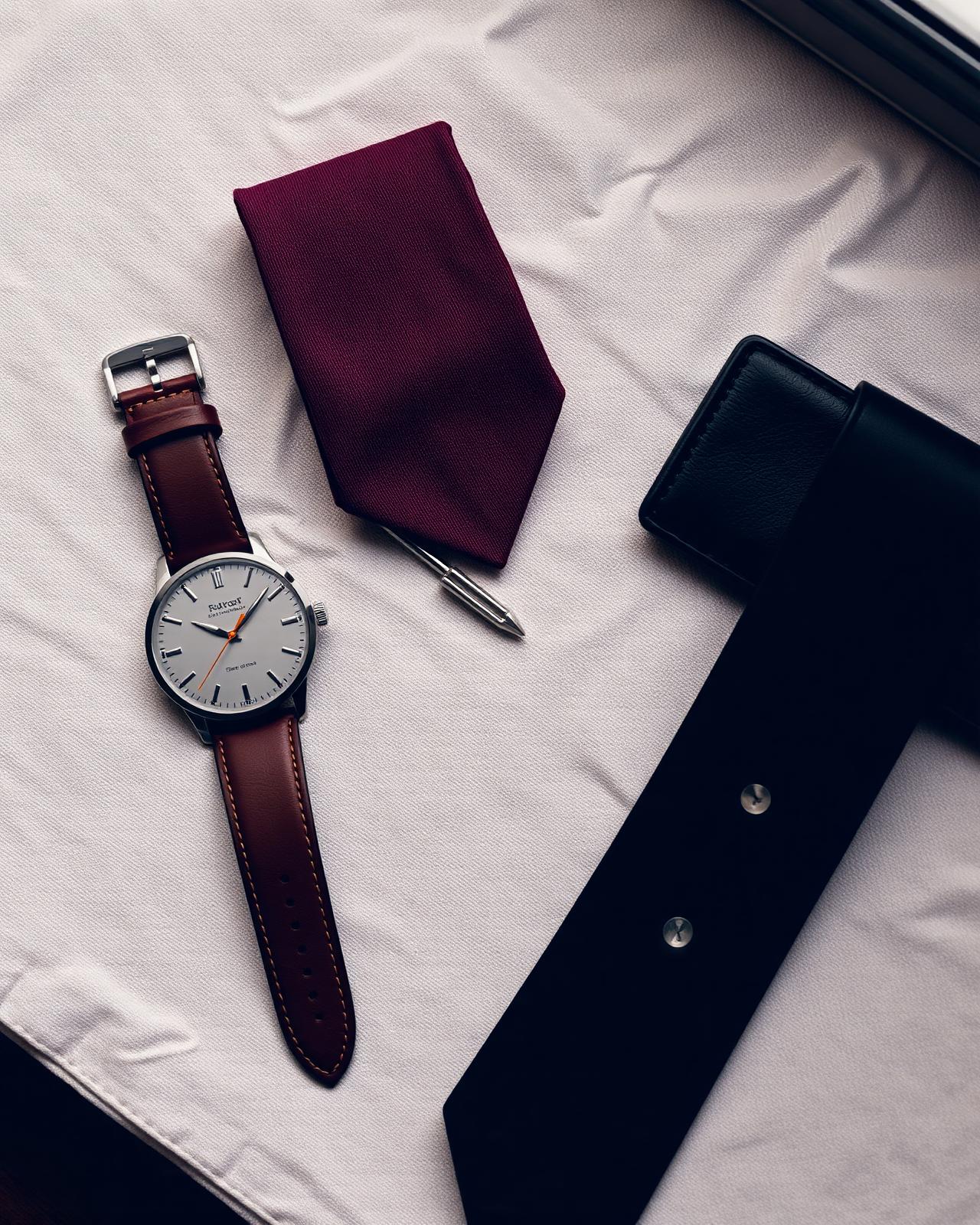 Premium herenaccessoires: vintage horloge, zijden das en leren portemonnee