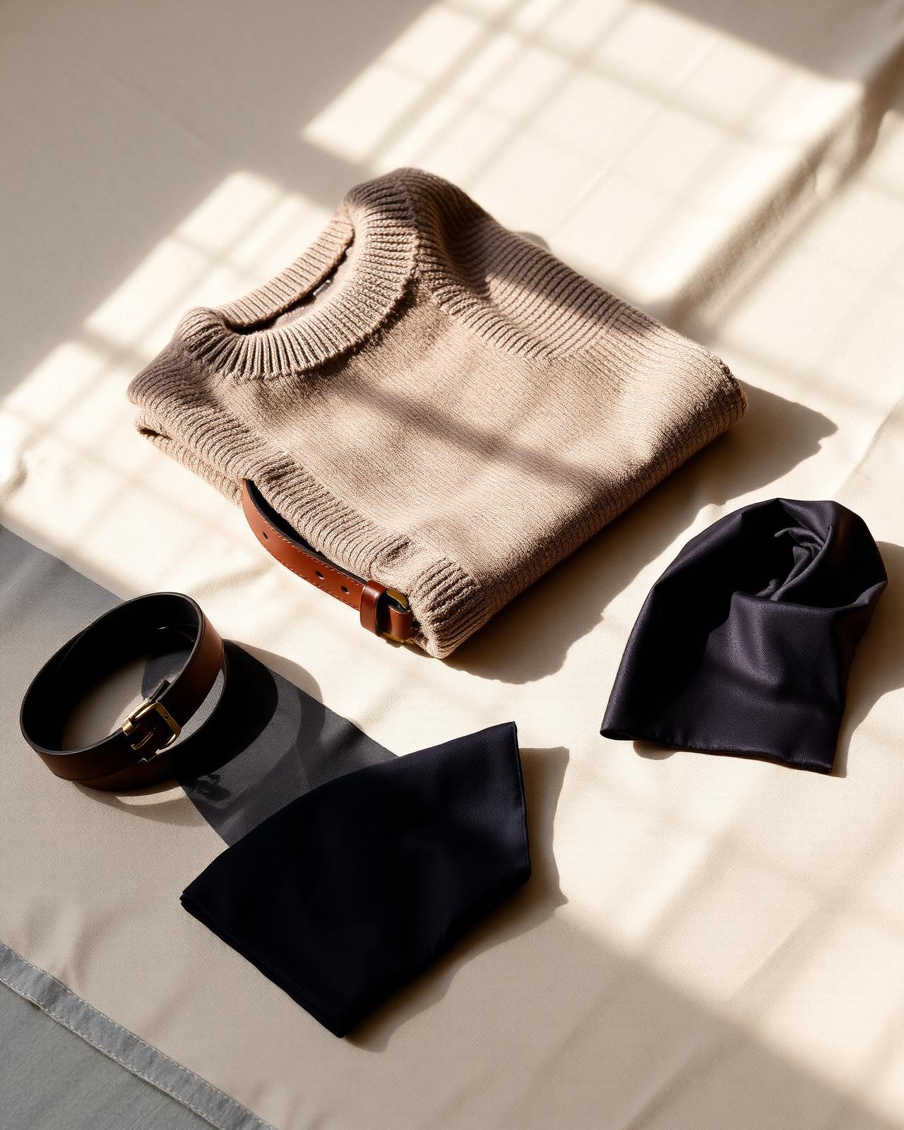 Editorial flatlay van een geweven trui, leren riem en zijden pochet op linnen
