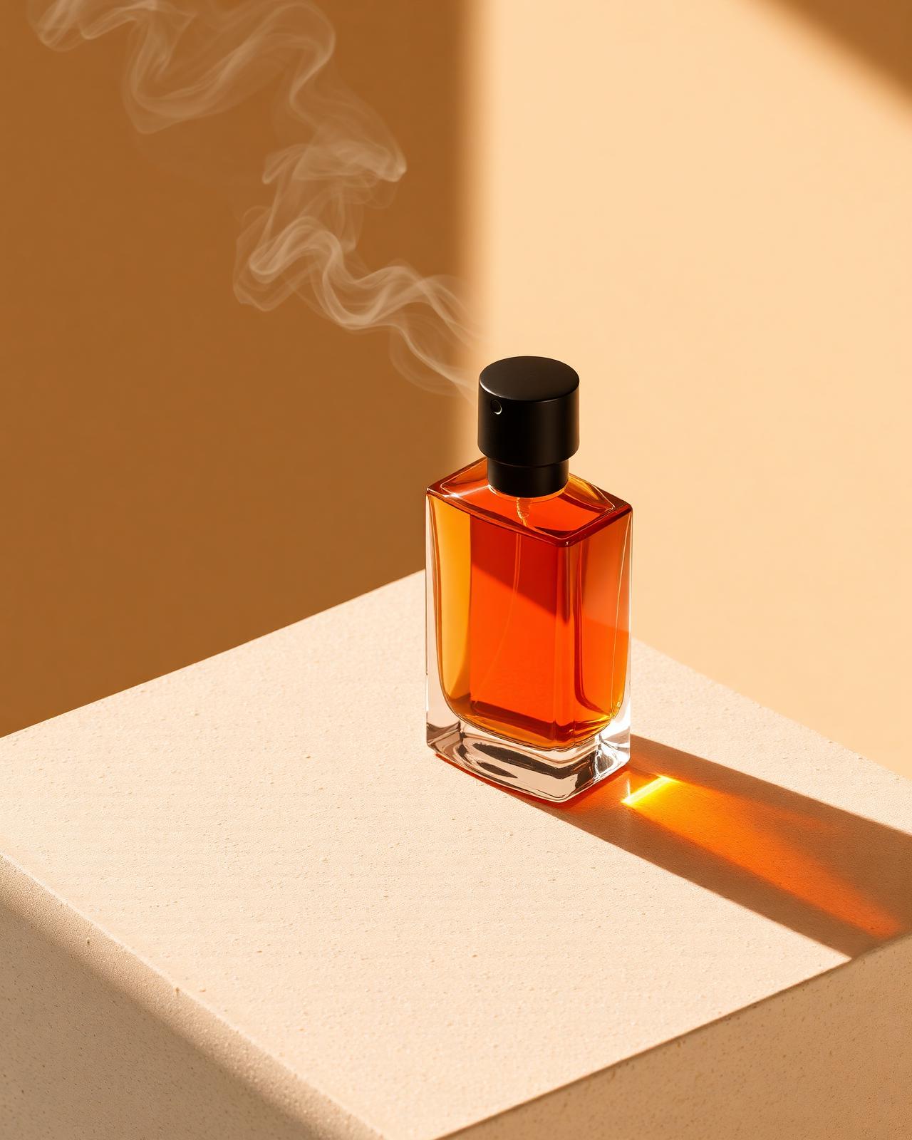 Amberkleurige Morph parfumfles met zwarte dop op steen, zachte rookpluim ernaast